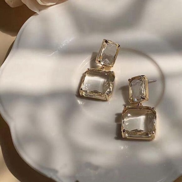 ✨🆕✨ Elegant Chic Clear Double Square Simulated Crystal Dangle Earrings✨ - Picture 1 of 14
